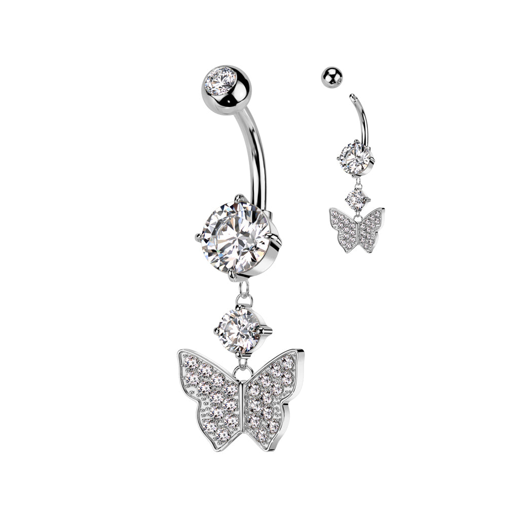 Cherry Diva belly bar Silver 14 Crystal Wings Butterfly Belly Bar