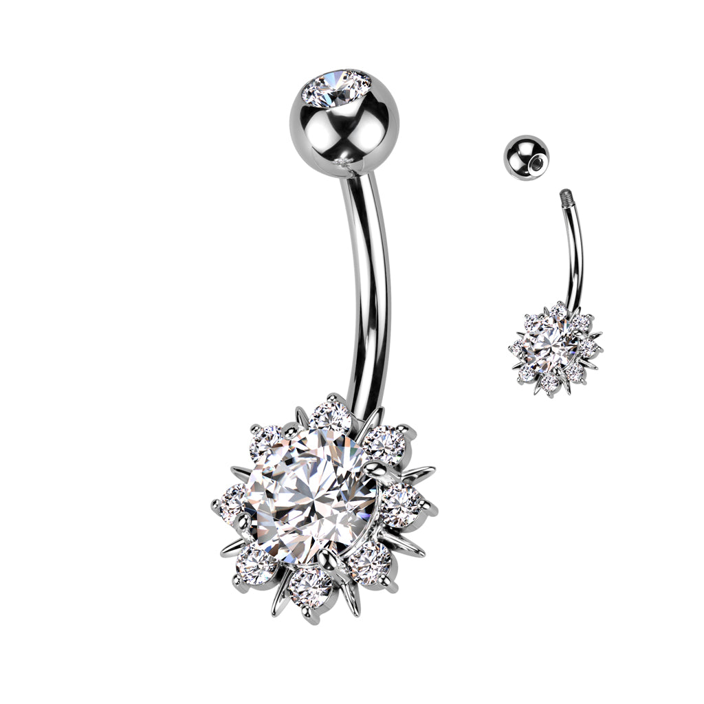 Cherry Diva belly bar Silver 14 Gauge Crystal Sunburst Belly Bar