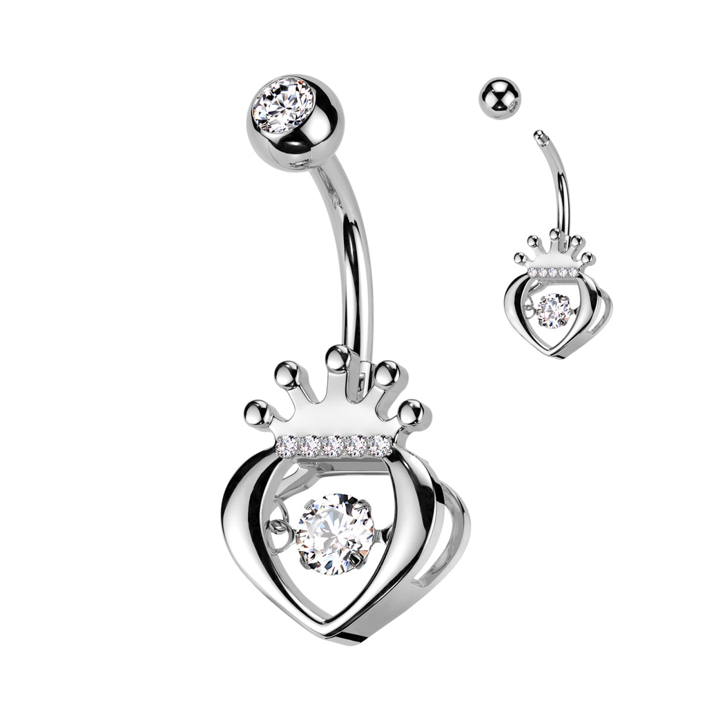 Cherry Diva belly bar Silver 14 Gauge Hollow Heart & Crown Belly Bar