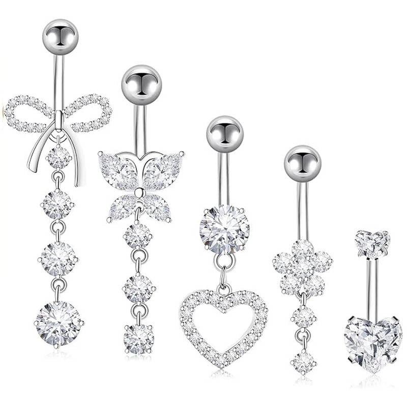 Cherry Diva belly bar Silver Multi Pack Of 5 Dangling Crystal Belly Button Bars