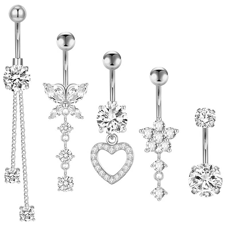 Cherry Diva belly bar Silver Multi Pack Of 5 Dangling Crystal Belly Button Bars