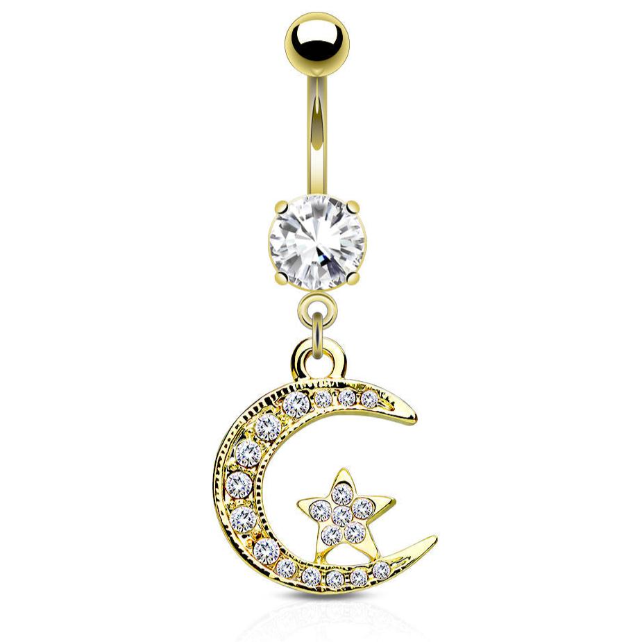 Cherry Diva Belly Button Ring Gold 14 Gauge Dangling Moon & Star Belly Button Bar