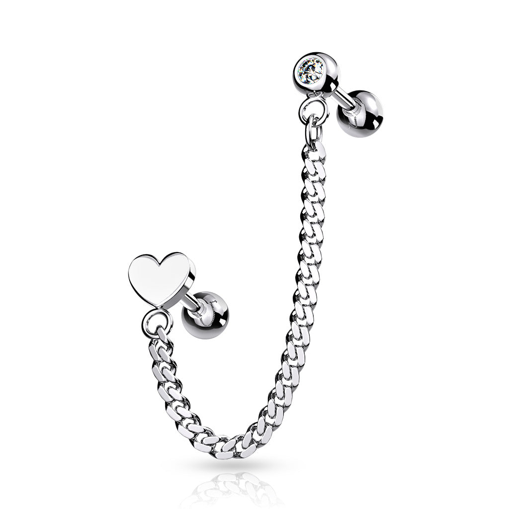 Cherry Diva Earrings 16 Gauge Chain Linked Barbell & Heart Cartilage Stud