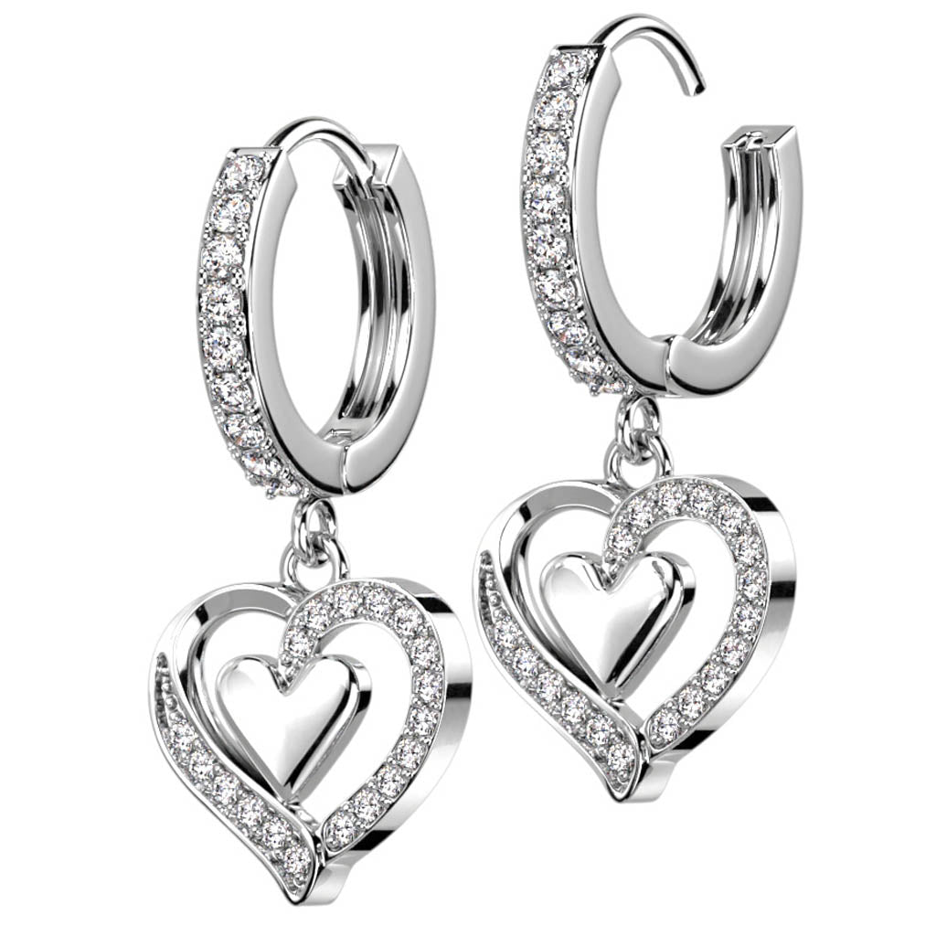 Cherry Diva Earrings 18 Gauge Dangling Crystal Heart Hoop Earrings