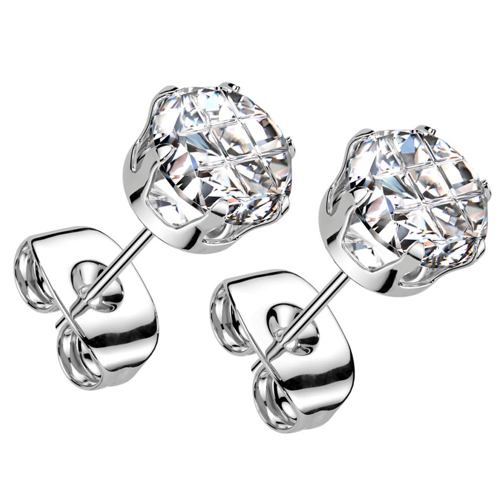 Cherry Diva Earrings 20 Gauge Stainless Steel Faceted Crystal Stud Earrings - Silver