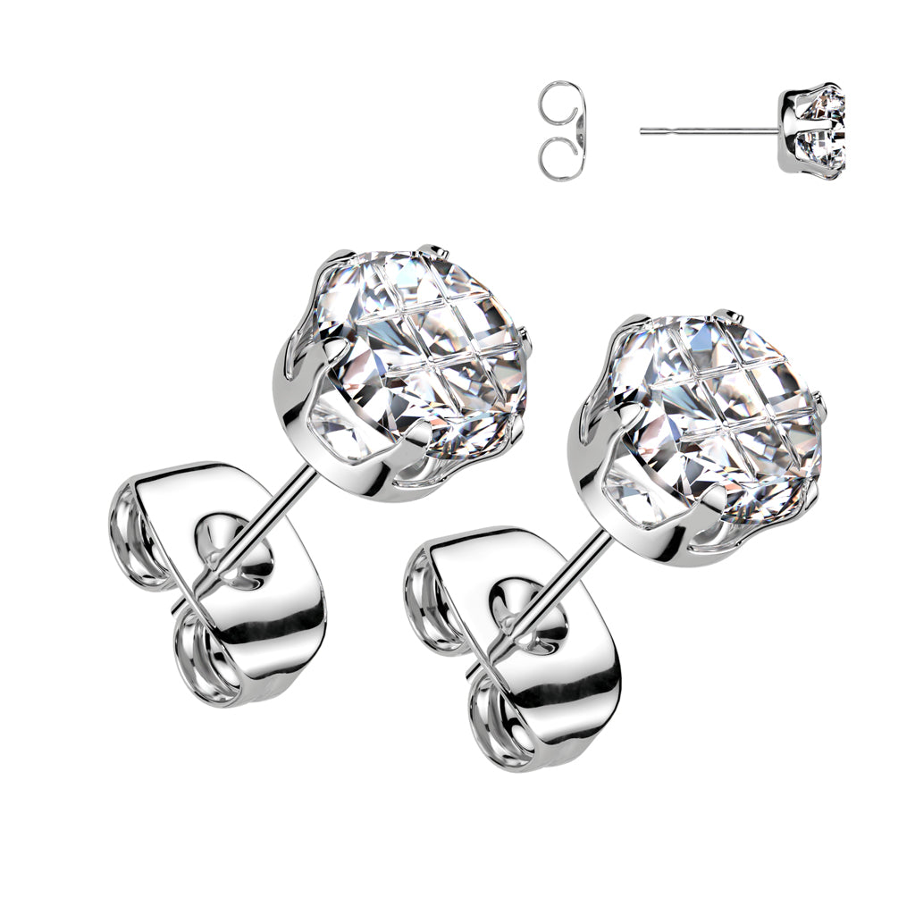 Cherry Diva Earrings 20 Gauge Stainless Steel Faceted Crystal Stud Earrings - Silver