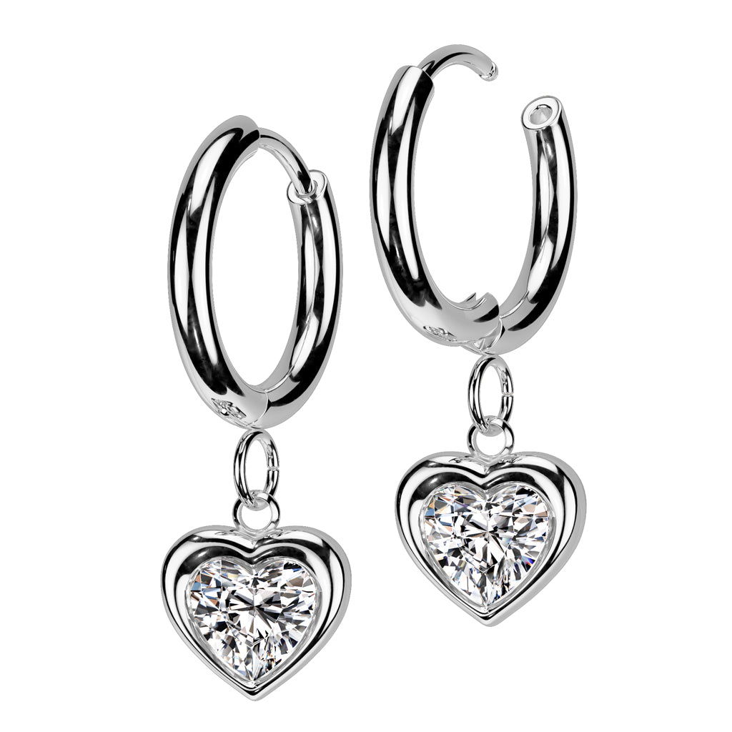Cherry Diva Earrings Dainty Dangling Crystal Heart Hoop Earrings - Silver