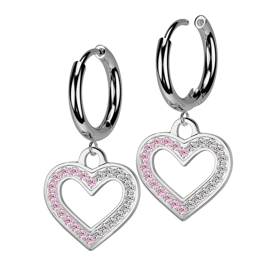 Cherry Diva Earrings Dangling Hollow Crystal Heart Hoop Earrings - Silver