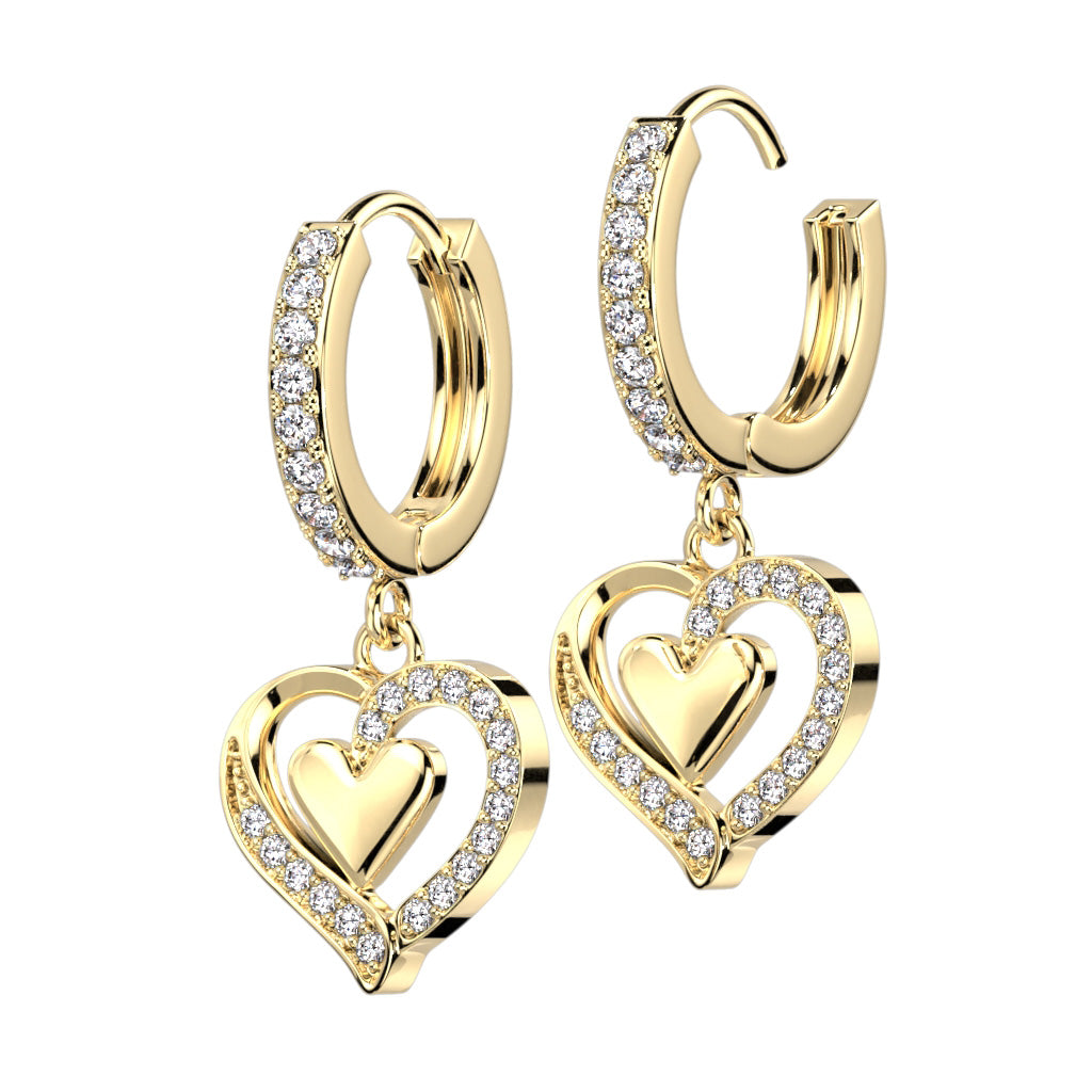 Cherry Diva Earrings Gold 18 Gauge Dangling Crystal Heart Hoop Earrings