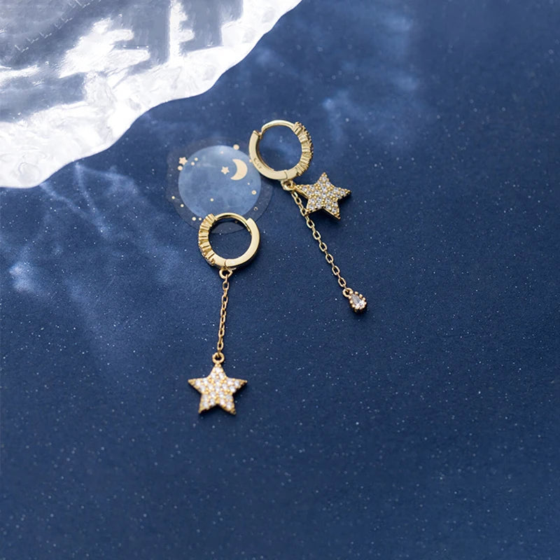 Cherry Diva Earrings Gold Dangling Chain & Star Huggie Hoop Earrings