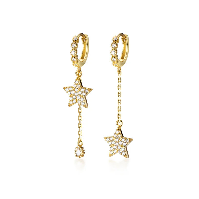 Cherry Diva Earrings Gold Dangling Chain & Star Huggie Hoop Earrings