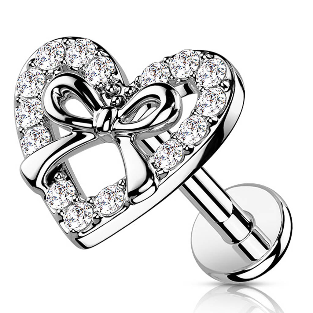 Cherry Diva Flat Back Stud 16 Gauge Internally Threaded Crystal Bow & Heart Stud