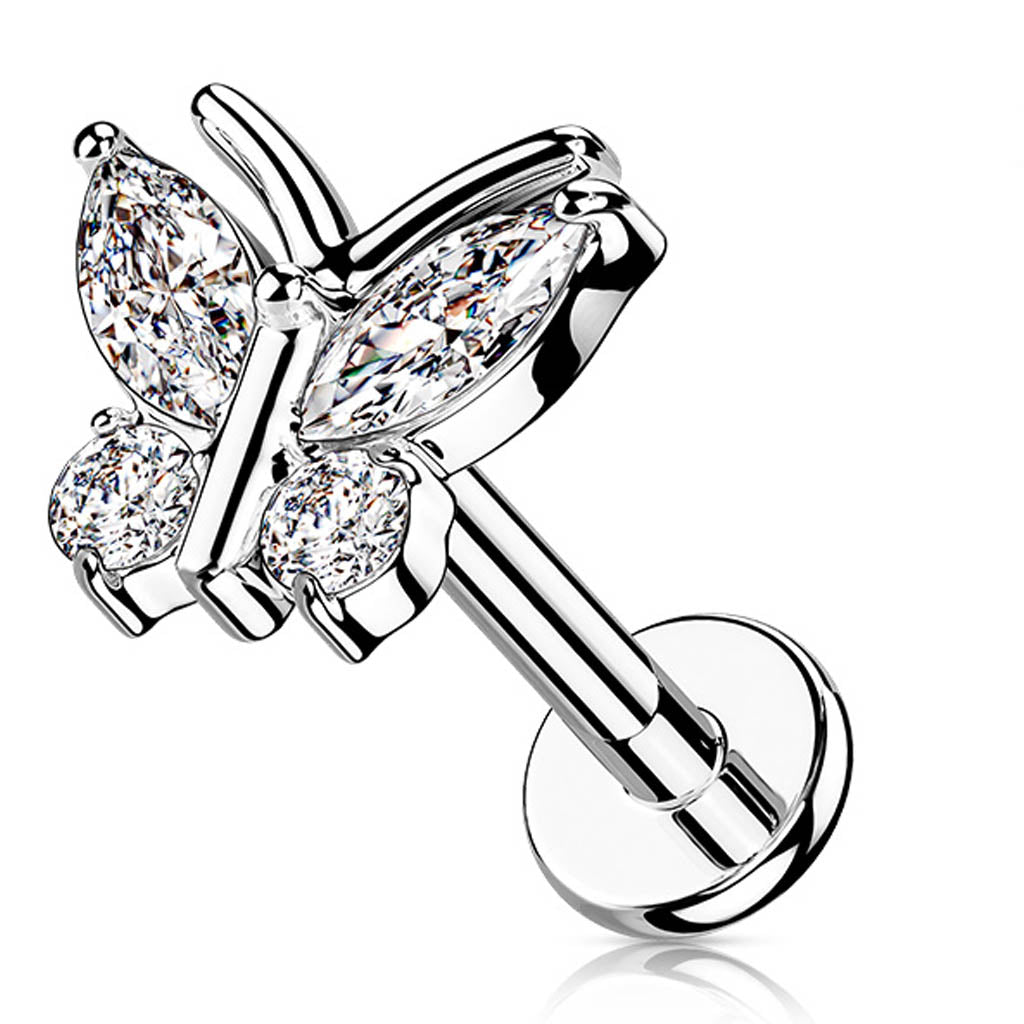 Cherry Diva Flat Back Stud 16 Gauge Internally Threaded Crystal Butterfly Stud