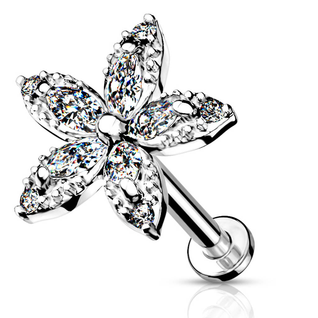 Cherry Diva Flat Back Stud 16 Gauge Internally Threaded Crystal Marquise Flower Stud