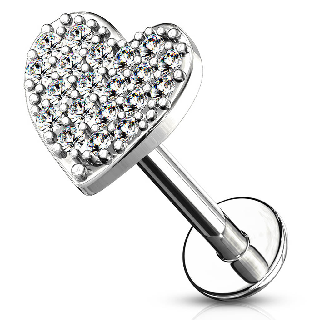 Cherry Diva Flat Back Stud 16 Gauge Internally Threaded Crystal Paved Heart Stud