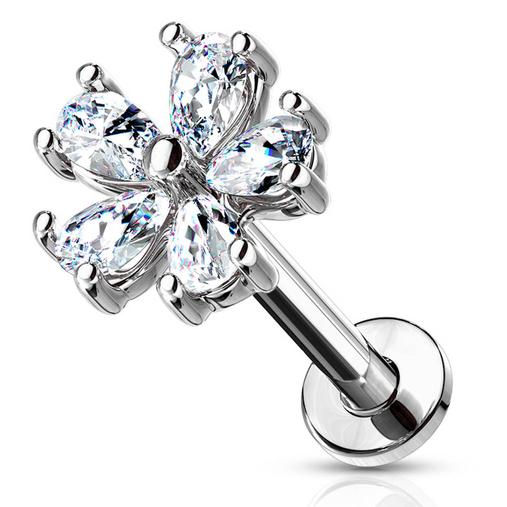 Cherry Diva Flat Back Stud 16 Gauge Internally Threaded Crystal Petal Flower Stud