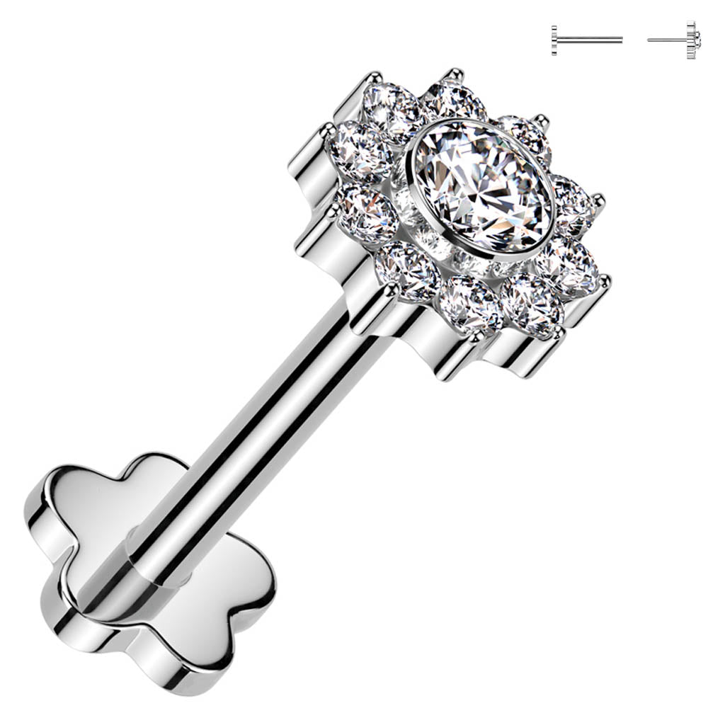 Cherry Diva Flat Back Stud 16 Gauge Press Fit Titanium Crystal Flower Labret & Cartilage Stud