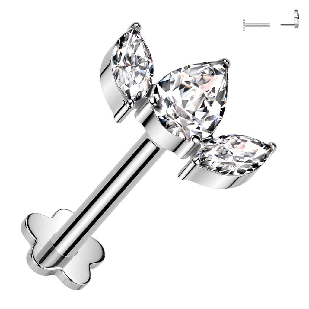 Cherry Diva Flat Back Stud 16 Gauge Press Fit Titanium Crystal Trio Labret & Cartilage Stud