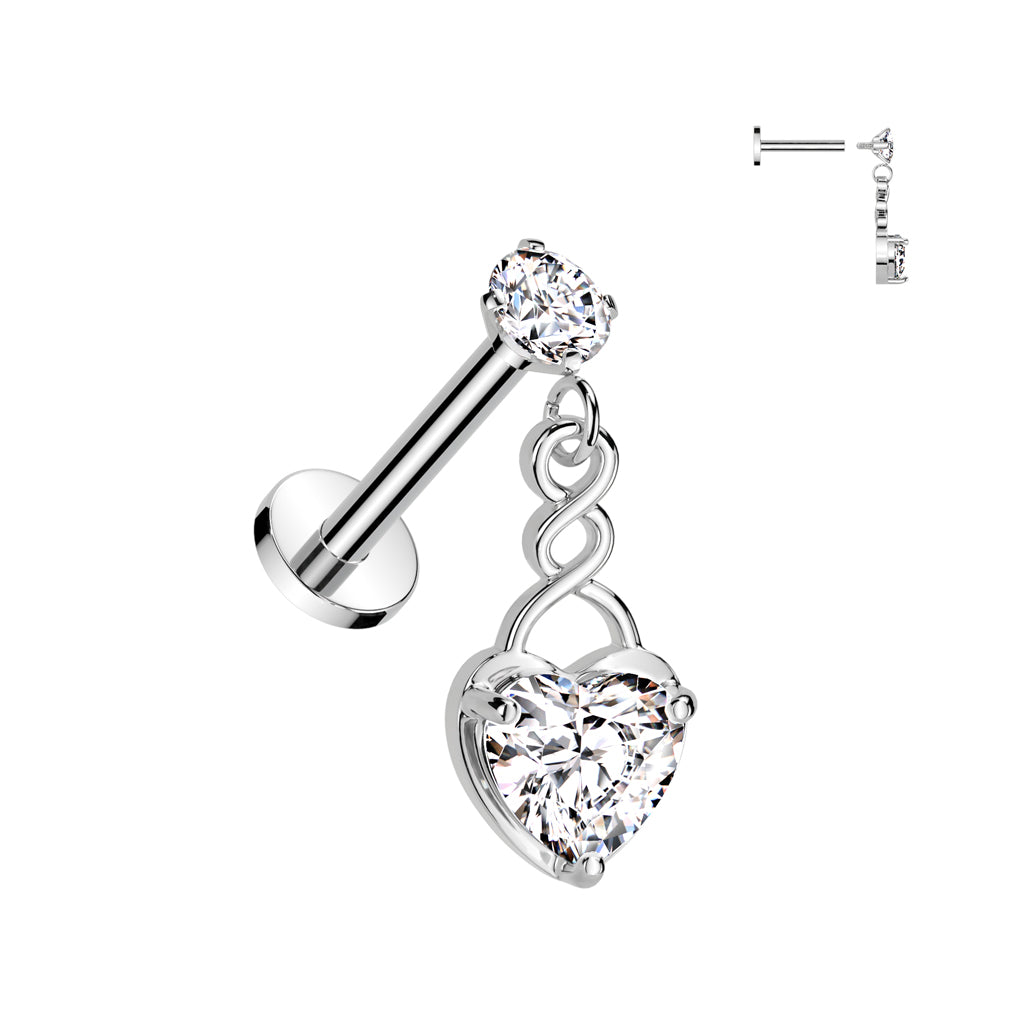 Cherry Diva Flat Back Stud 16 Gauge Silver Internally Threaded Dangling Crystal Heart Stud