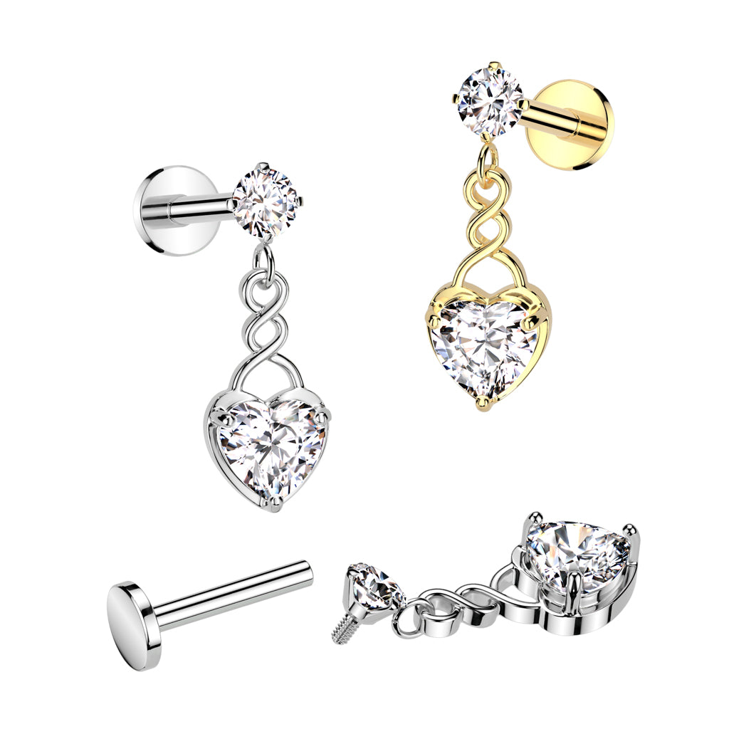 Cherry Diva Flat Back Stud 16 Gauge Silver Internally Threaded Dangling Crystal Heart Stud