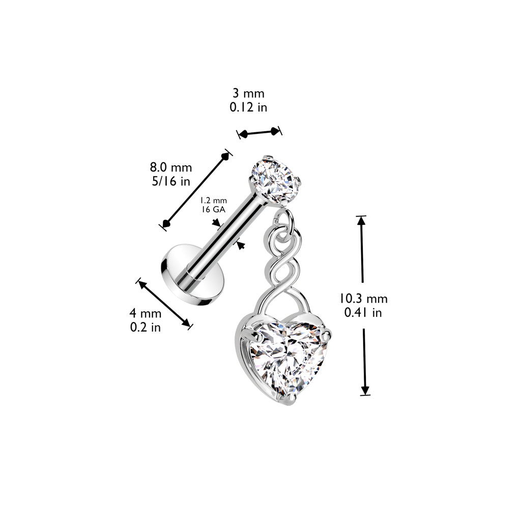 Cherry Diva Flat Back Stud 16 Gauge Silver Internally Threaded Dangling Crystal Heart Stud