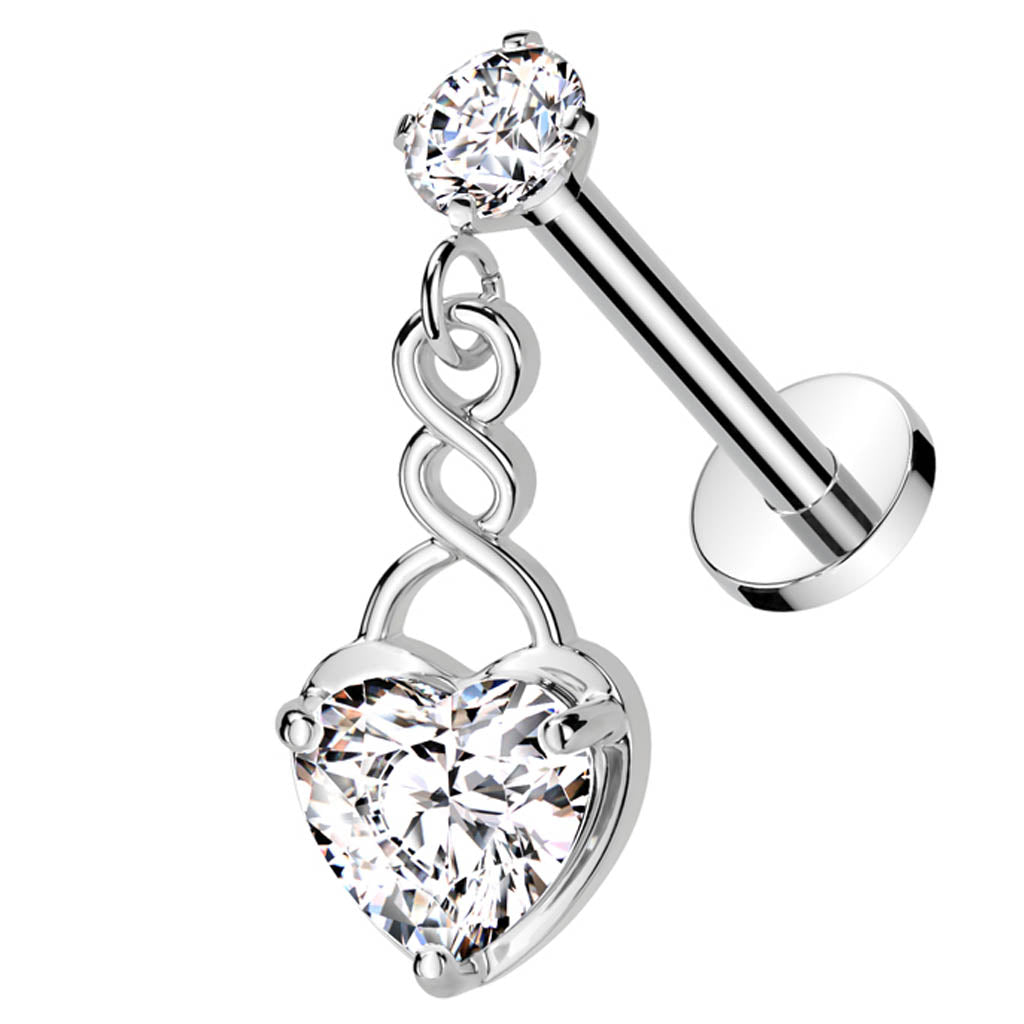 Cherry Diva Flat Back Stud 16 Gauge Silver Internally Threaded Dangling Crystal Heart Stud