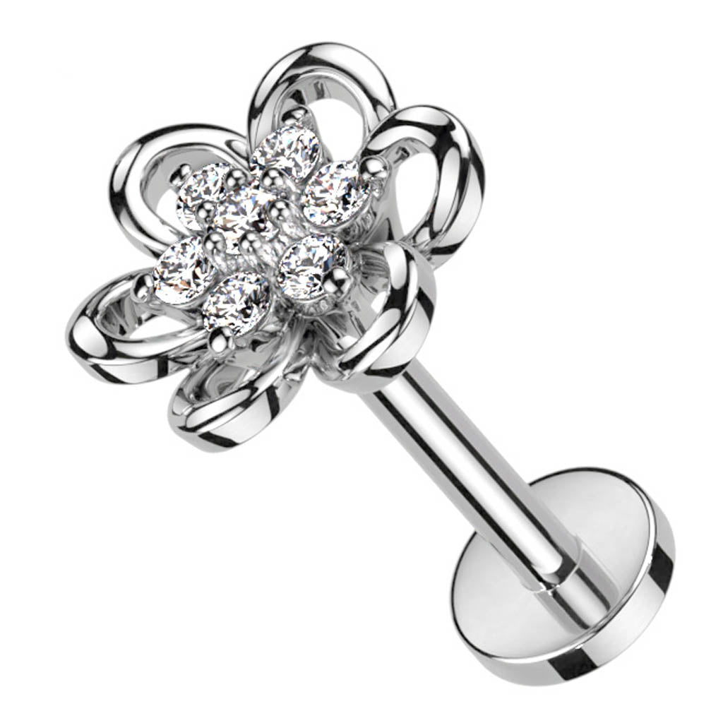 Cherry Diva Flat Back Stud 16 Gauge Threadless Crystal Centre Flower Piercing Stud