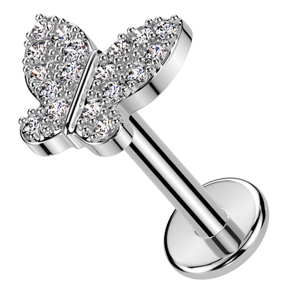 Cherry Diva Flat Back Stud 16 Gauge Threadless Silver Crystal Butterfly Cartilage Stud