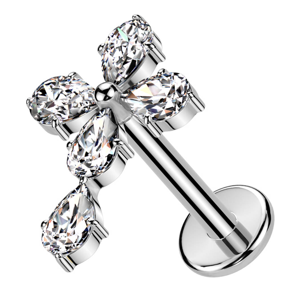 Cherry Diva Flat Back Stud 16 Gauge Threadless Silver Crystal Cross Cartilage Stud