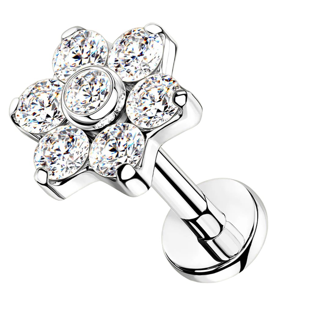 Cherry Diva Flat Back Stud 16 Gauge Titanium Crystal Flower Cartilage Stud