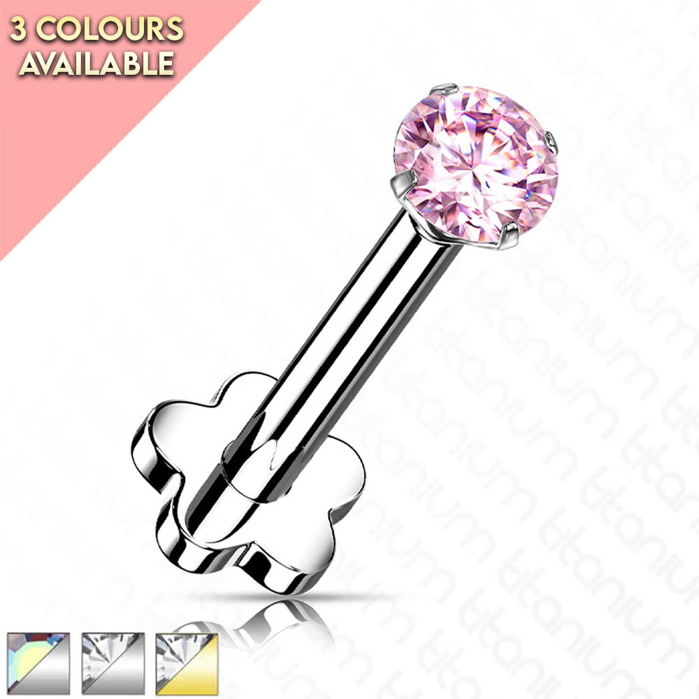 Cherry Diva Flat Back Stud 16 Gauge Titanium Flower Press Fit Crystal Labret Stud