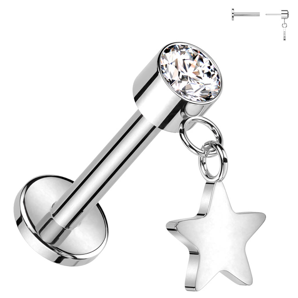 Cherry Diva Flat Back Stud 16 Gauge Titanium Flower Press Fit Dangling Star Labret Stud