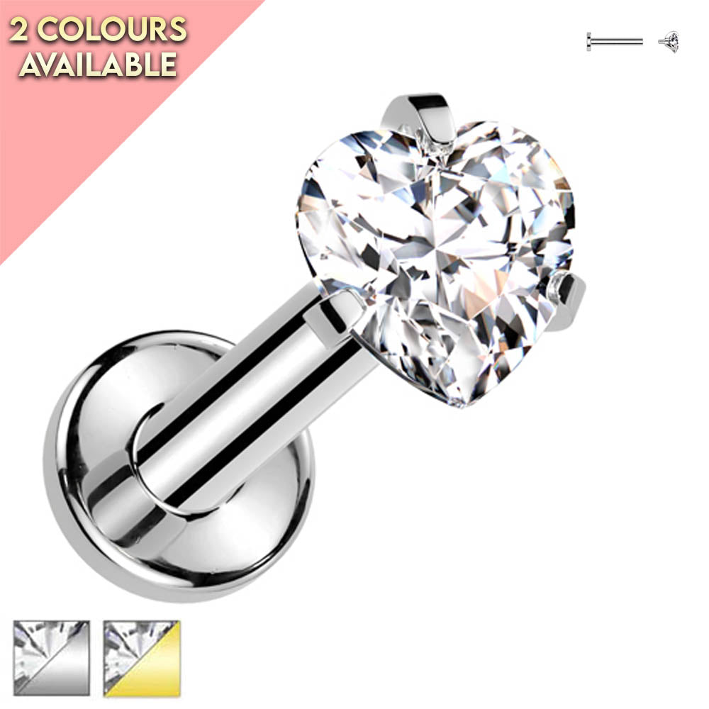 Cherry Diva Flat Back Stud 16 Gauge Titanium Internally Threaded Prong Set Crystal Heart Stud