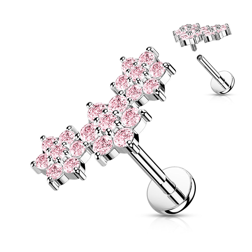 Cherry Diva Flat Back Stud Pink 16 Gauge Internally Threaded Crystal Flower Trio Stud