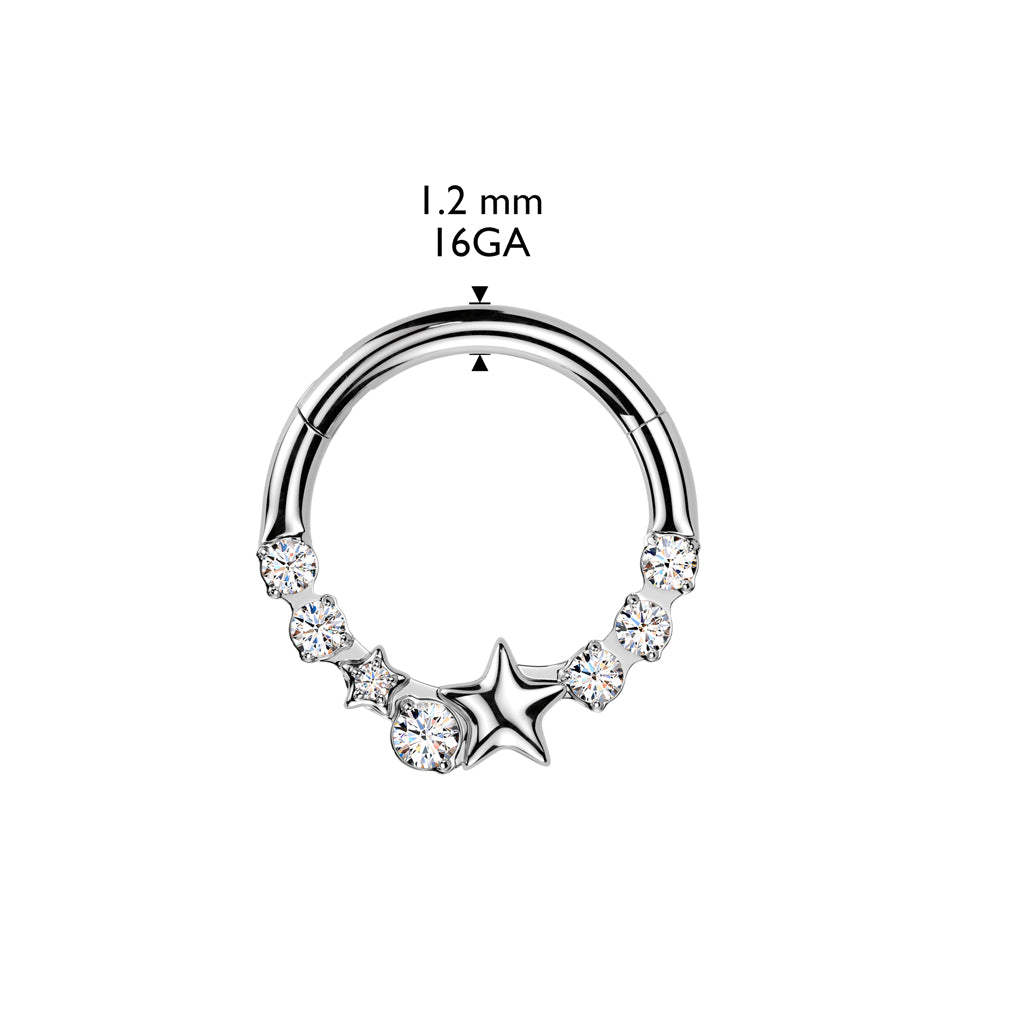 Cherry Diva Hinged Hoop Ring 16 Gauge Silver Crystal Lined Star Hinged Hoop Ring