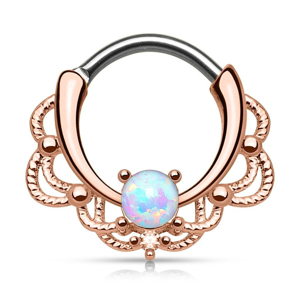 Cherry Diva Hinged Hoop Ring Rose Gold 16 Gauge Ornate Opal Hinged Septum Ring