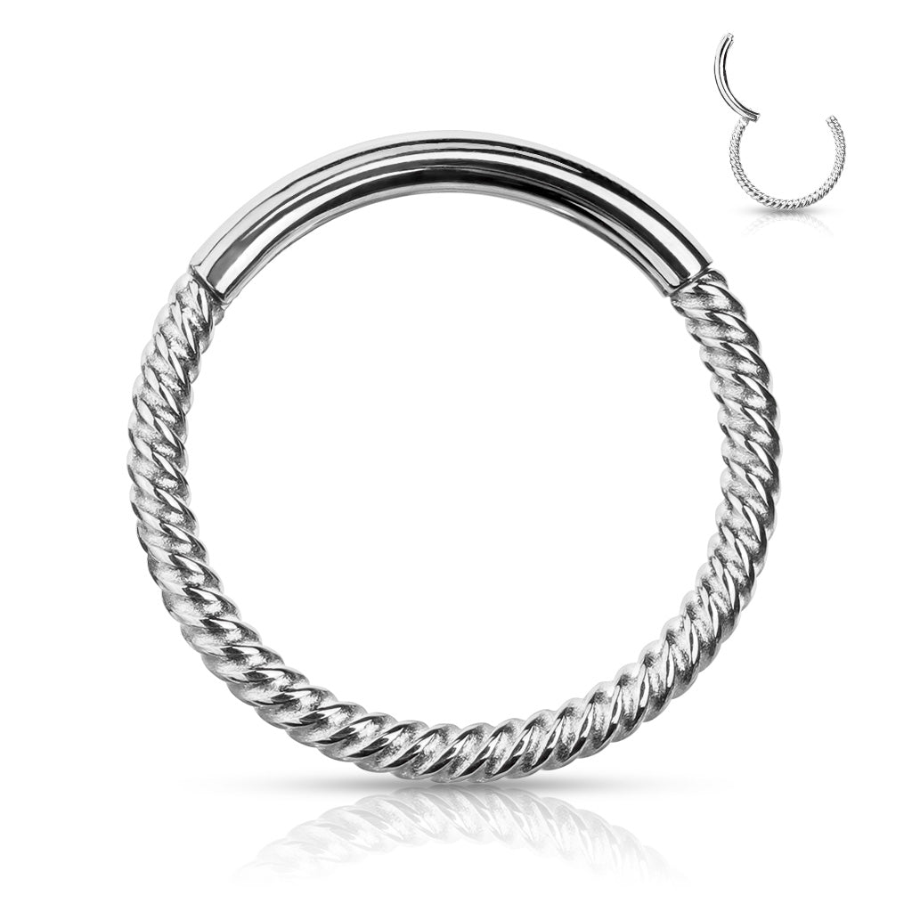Cherry Diva Hoop Ring 16 Gauge Half Braided Hinged Hoop Ring - Silver