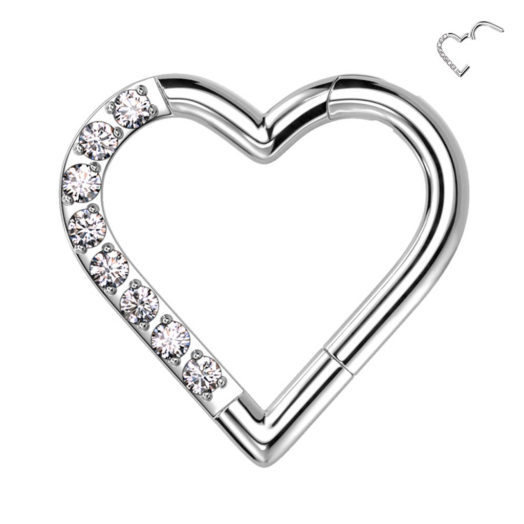 Cherry Diva Hoop Ring 16 Gauge Titanium Crystal Heart Hinged Cartilage Hoop