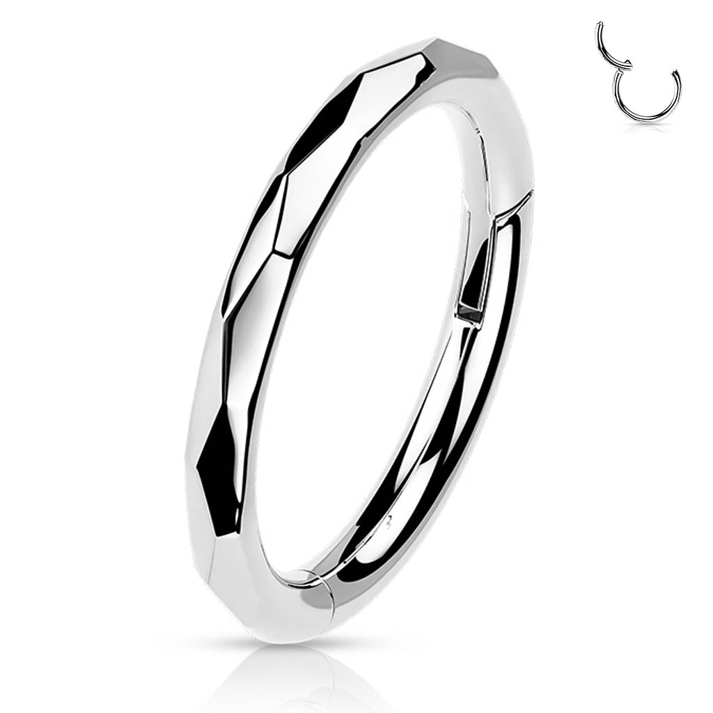 Cherry Diva Hoop Ring 16 Gauge Titanium Faceted Side Hinged Hoop Ring - Silver