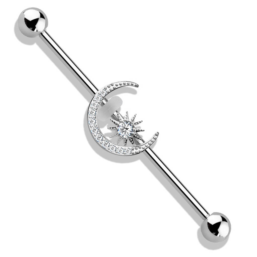 Cherry Diva Industrial Barbell 14 Gauge Crystal Sun & Moon Industrial Barbell