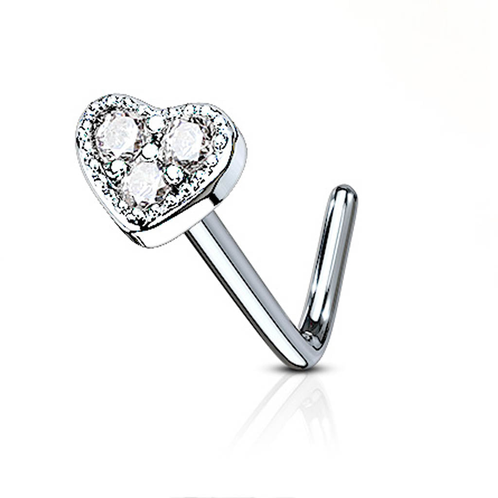 Cherry Diva L Bend Nose Stud 20 Gauge Crystal Heart Top  L-Bend Nose Stud