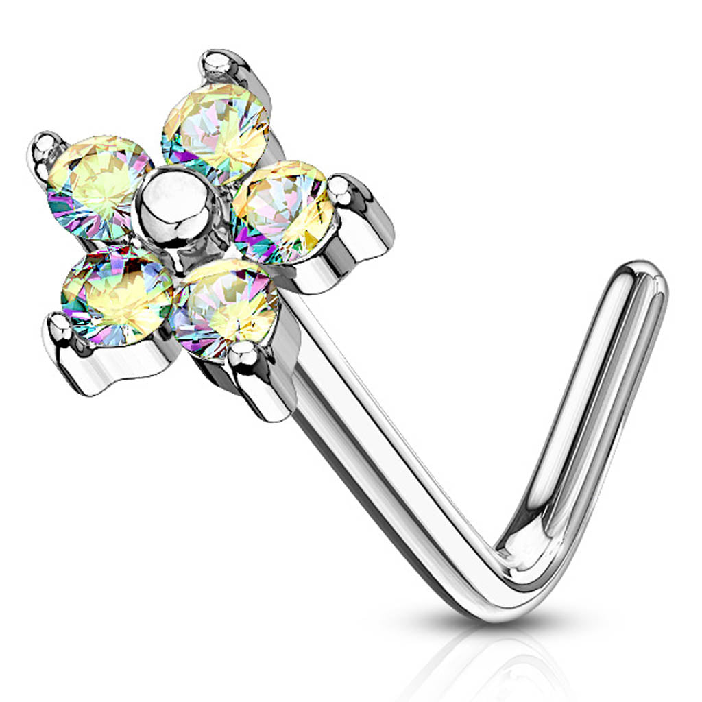 Cherry Diva L Bend Nose Stud 20 Gauge Five Petal Crystal Flower L-Bend Nose Stud