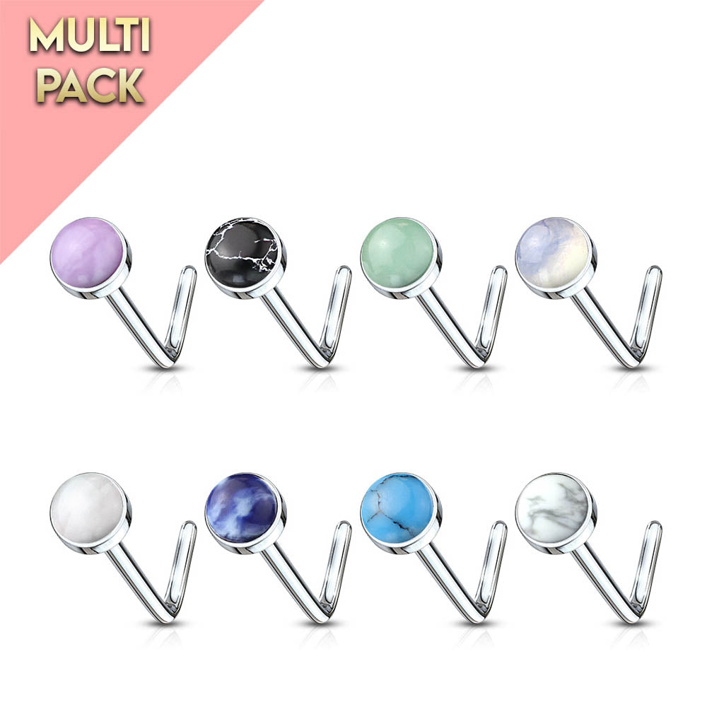 Cherry Diva L Bend Nose Stud 8 Pack Hypoallergenic Semi Precious Stone Topped Nose Studs