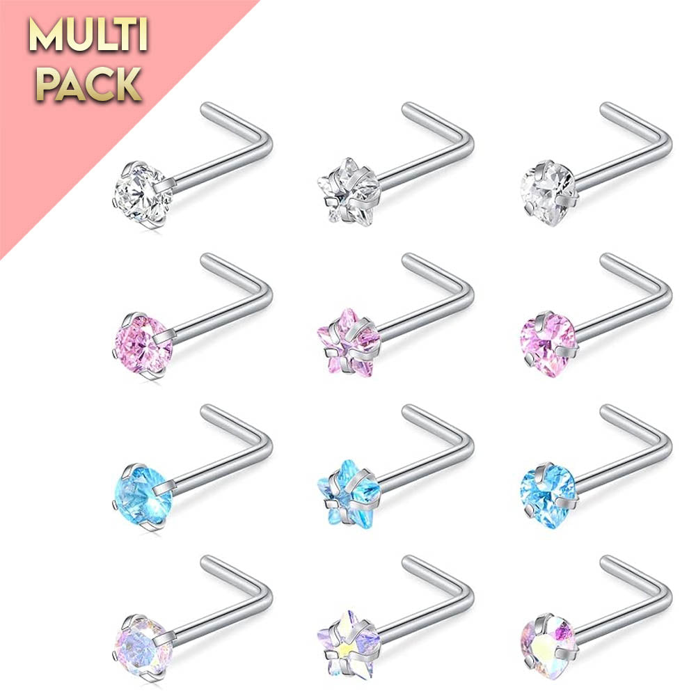 Cherry Diva L Bend Nose Stud Multi Pack Of 12 L - Bend Silver Nose Studs