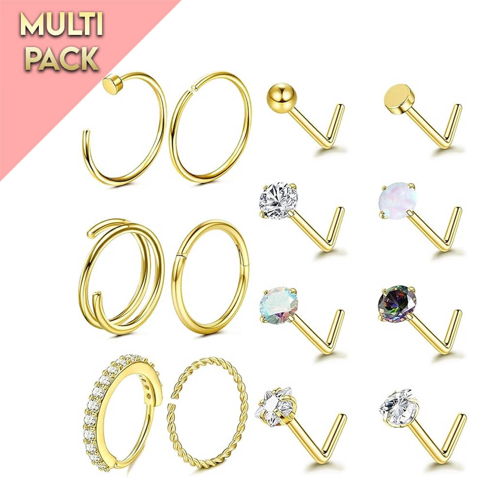 Cherry Diva L Bend Nose Stud Multi Pack Of 9 Gold L - Bend Nose Studs & Hoops