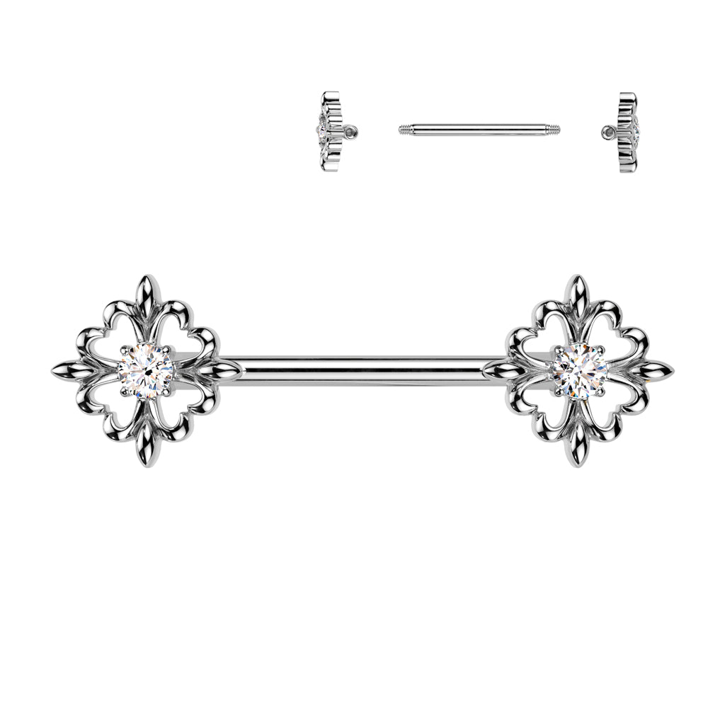 Cherry Diva Nipple Ring 14 Gauge Silver Crystal Fleur De Lis Nipple Bar