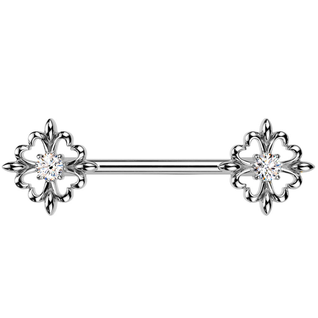 Cherry Diva Nipple Ring 14 Gauge Silver Crystal Fleur De Lis Nipple Bar