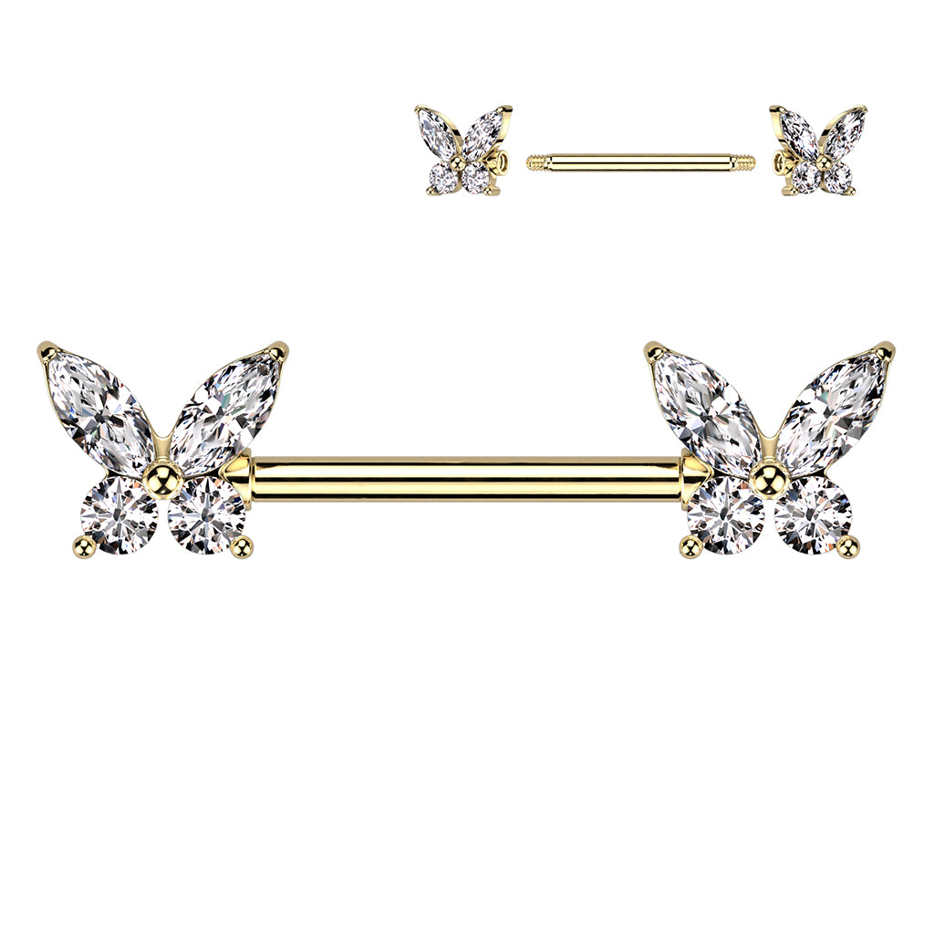 Cherry Diva Nipple Ring Gold 14 Gauge Crystal Butterfly Wings Nipple Bar