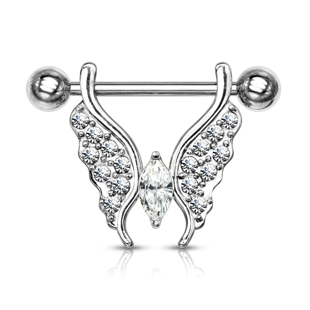 Cherry Diva Nipple Ring Silver 14 Gauge Crystal Wings Butterfly Barbell Nipple Bar