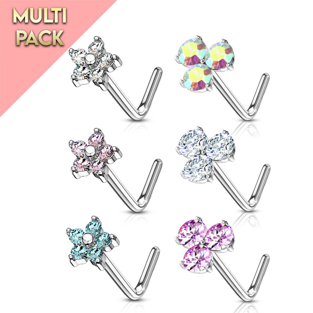 Cherry Diva nose stud 6 Pack Crystal Top L Bend Nose Studs